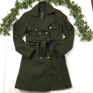 NINE WEST LODEN HUNTER OLIVE GREEN MILITARY DBL BREASTED WOOL TRENCH PEA COAT 6